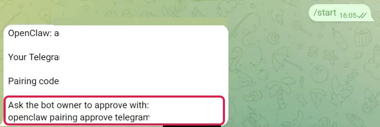 Nachricht des Bots mit Pairing-Code, rot markiert ist der Befehl openclaw pairing approve telegram