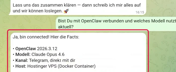 Antwort von OpenClaw in Telegram mit Version, Modell Claude, Kanal Telegram und Host Hostinger VPS, rot markiert