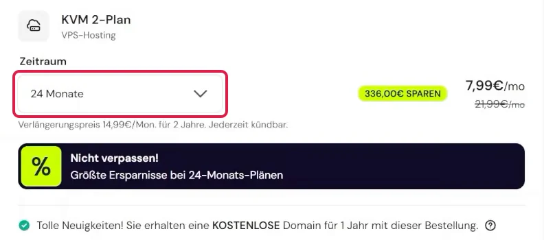 Hostinger-Warenkorb mit rot markiertem Auswahlfeld Zeitraum auf 24 Monate