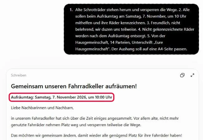 Unsere Antworten auf die Rückfragen in ChatGPT, darunter der Aushang mit rot markierter Terminzeile