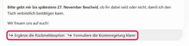 Unter der Antwort von ChatGPT stehen zwei vorgeschlagene Folge-Prompts, rot umrahmt