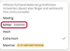 Feld Aufwand in Claude mit Erklärtext und fünf Stufen, die Stufe Mittel mit dem Hinweis Empfohlen ist rot markiert