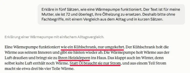 Prompt mit Grund in Claude: Kühlschrank-Vergleich, Anrede und Bezug auf Öl sind rot unterstrichen