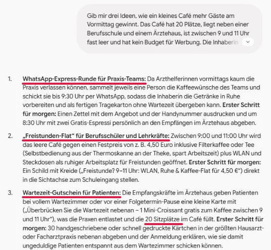 Prompt mit Kontext in Gemini: die drei Ideen-Titel und „20 Sitzplätze“ sind rot unterstrichen