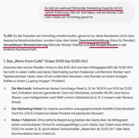 Rollen-Prompt in Gemini: unterstrichen sind der Experten-Satz im Prompt und drei Fachwörter in der Antwort