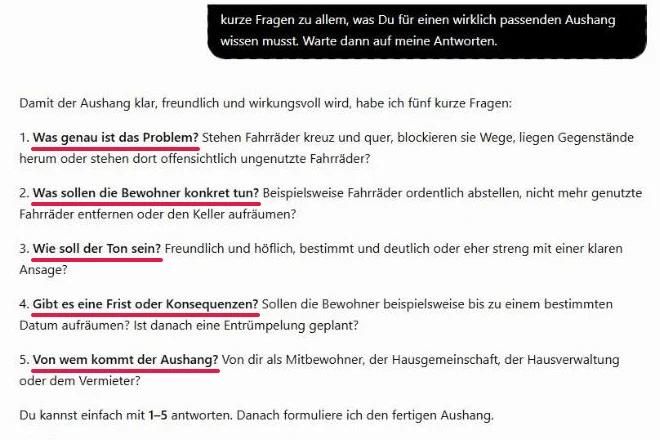 ChatGPT stellt fünf Rückfragen zum Aushang, die Fragen sind rot unterstrichen