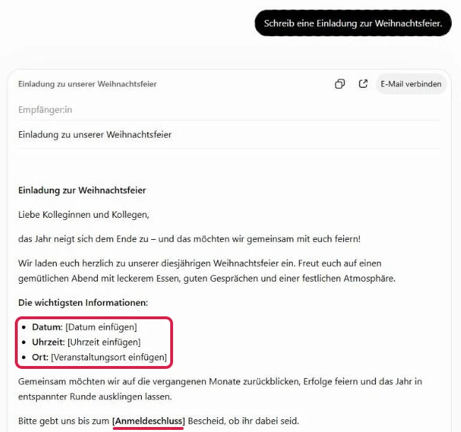 Prompting lernen am Beispiel: vager Prompt in ChatGPT, vier Platzhalter im Entwurf rot markiert