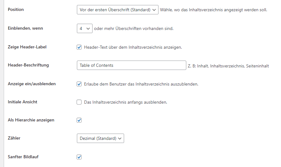easy andere einstellungen