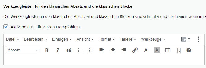 tiny anker ins menü block editor