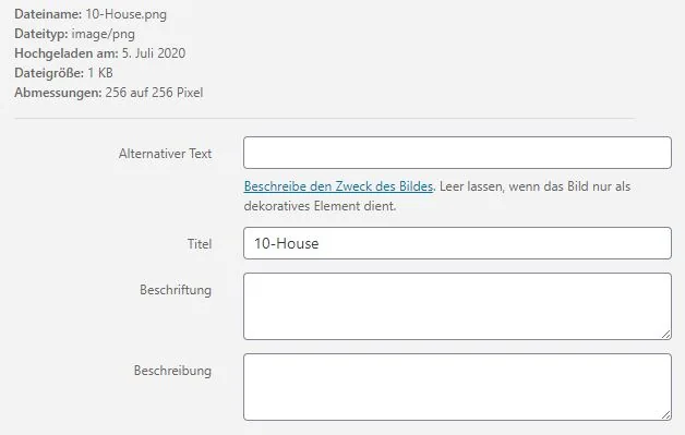 WordPress Mediathek Alt Text Titel Beschreibung