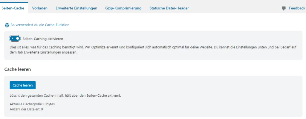 wordpress cache leeren wp optimize