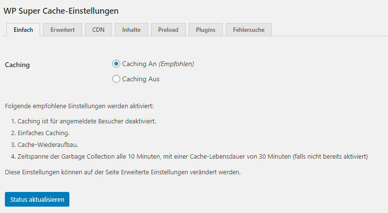 wp super cache cache leeren