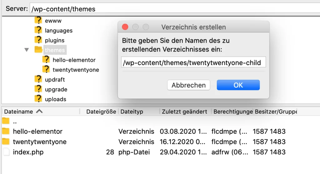 wordpress child theme manuell erstellen ftp ordner