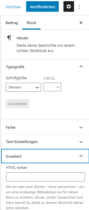 WordPress Inhaltsverzeichnis anker einstellungen