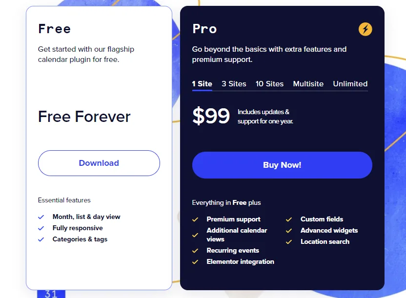 the events calendar price