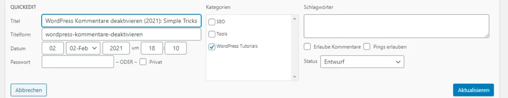 WordPress Kommentare im QuickEdit deaktivieren
