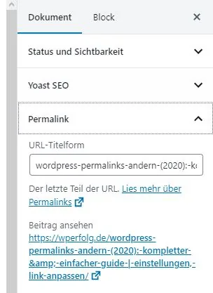 wordpress-permalink-aendern-gutenberg editor