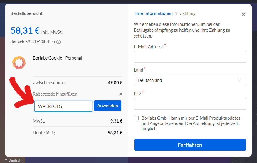 borlabs cookie coupon eingeben