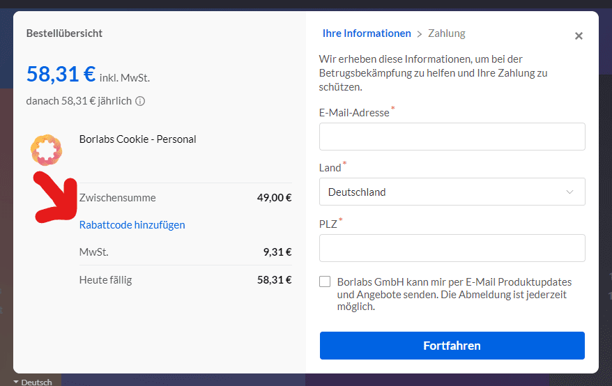 borlabs cookie rabattcode feld oeffnen