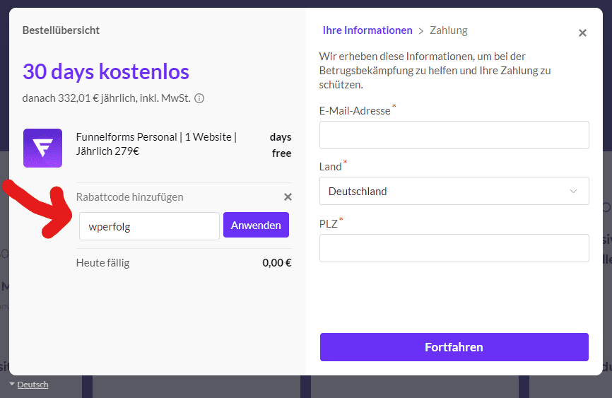 Funnelforms Gutscheincode eingeben