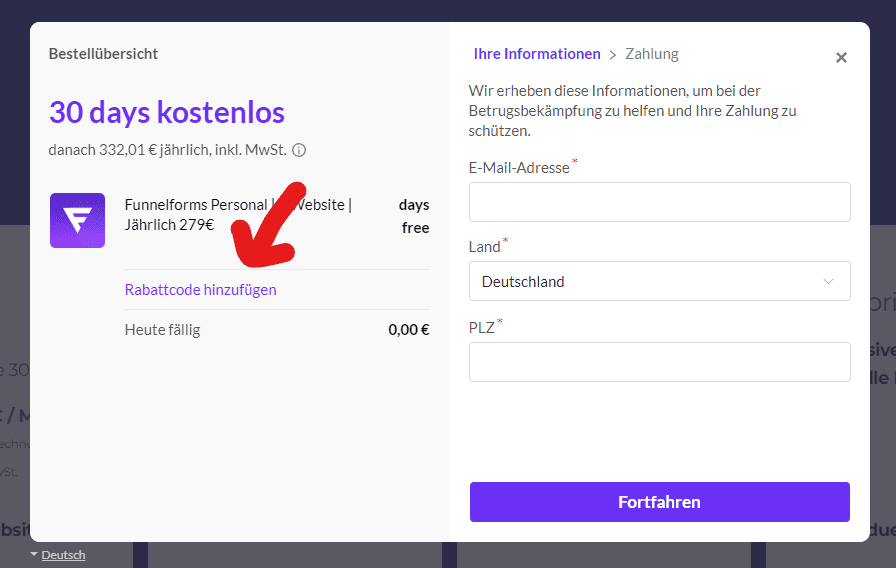 funnelforms rabatt code feld anklicken