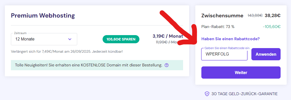 Hostinger Gutschein eingeben für 10 Prozent Rabatt