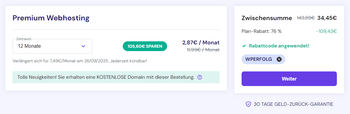 Hostinger Rabatt eingegeben und angewendet