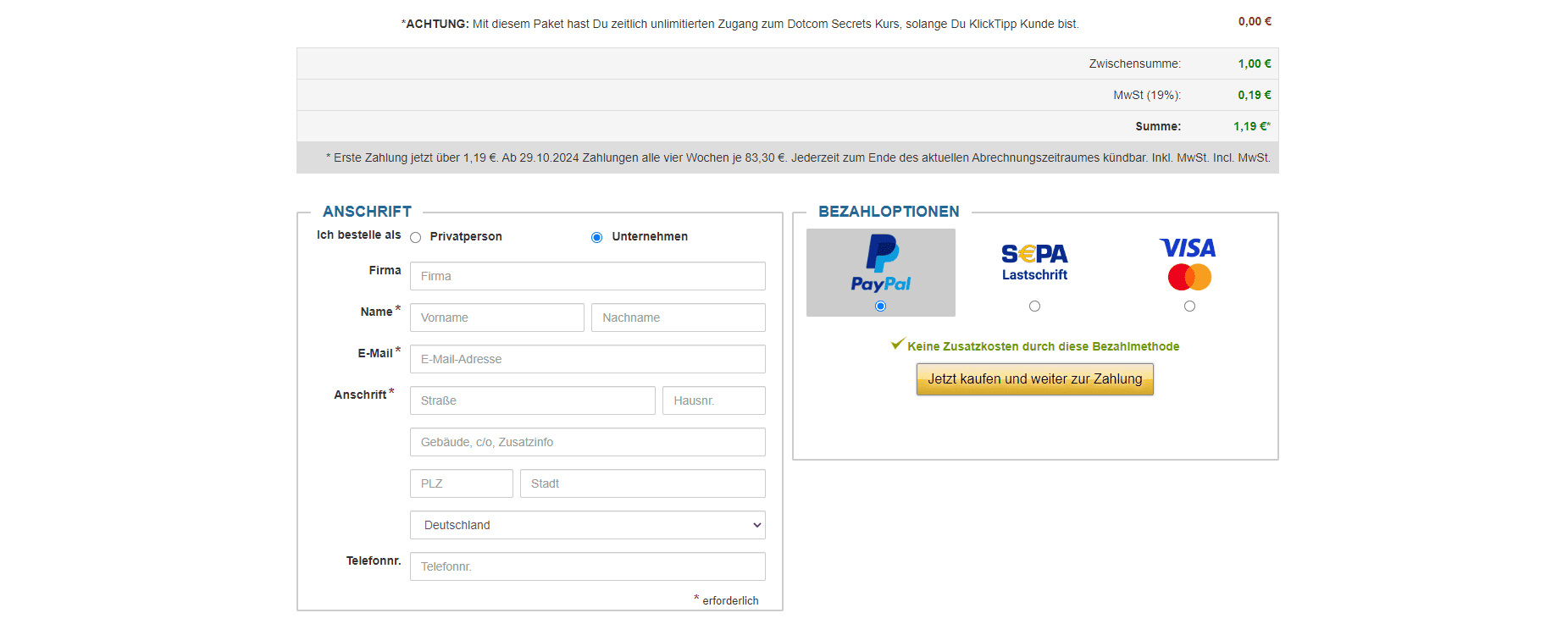 KlickTipp Rabatt Code Bezahldaten und Adresse eingeben