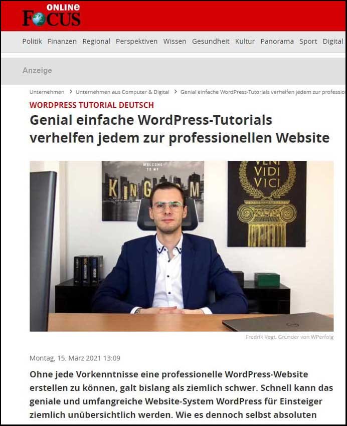 WPerfolg und Fredrik Vogt bei Focus Online