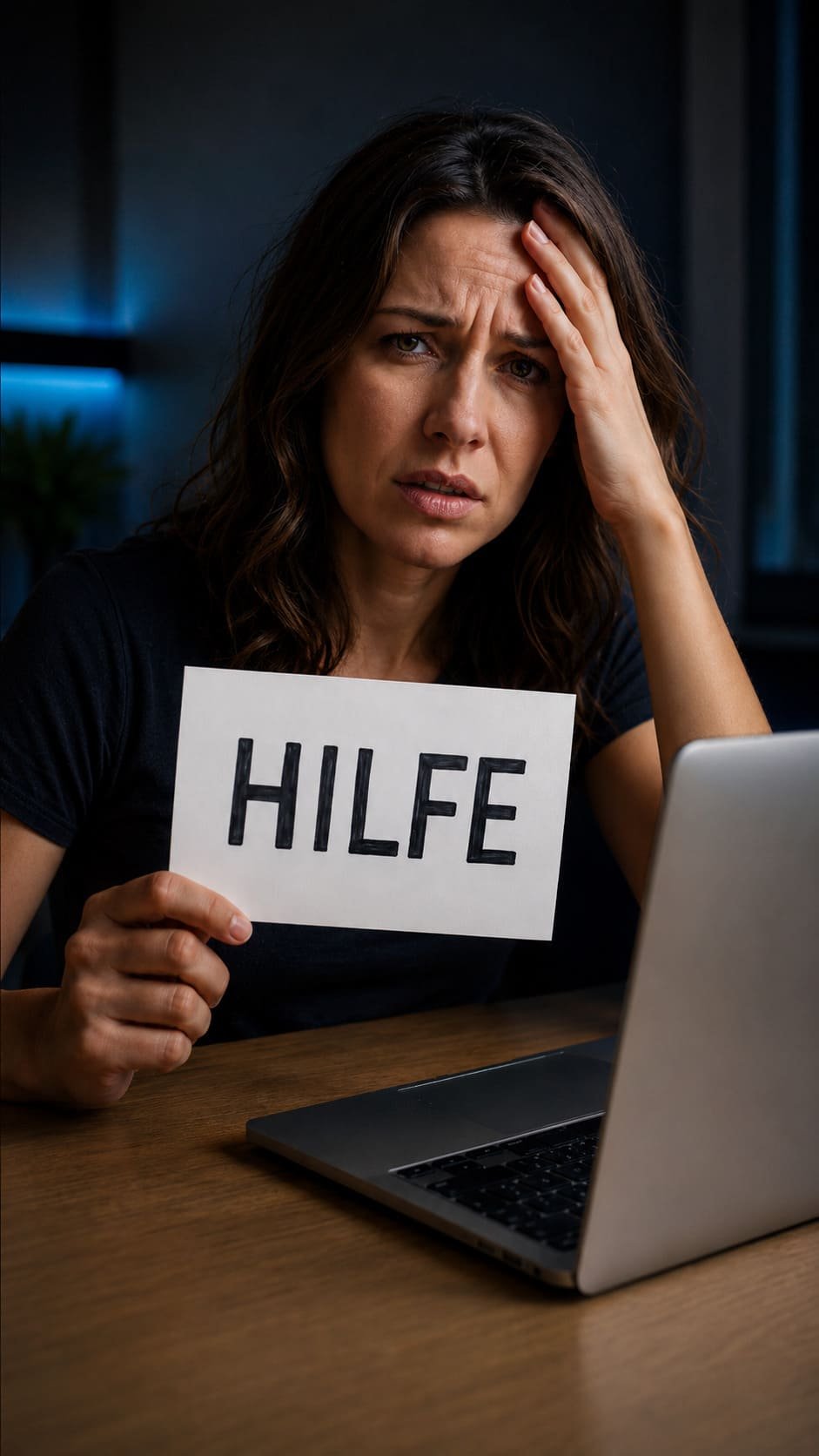 Verzweifelte Frau beim Website-Bauen hält ein Hilfe-Schild